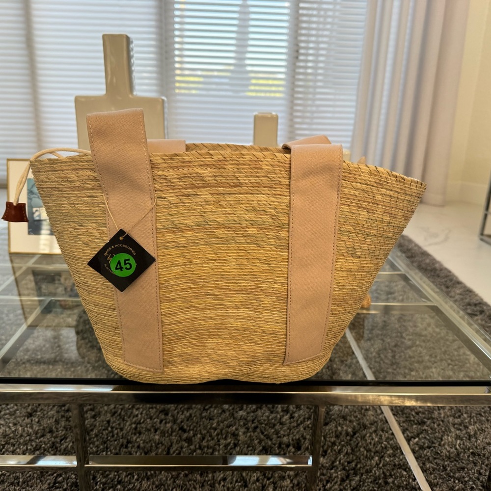 Natural Straw Tote with Beige Canvas Straps